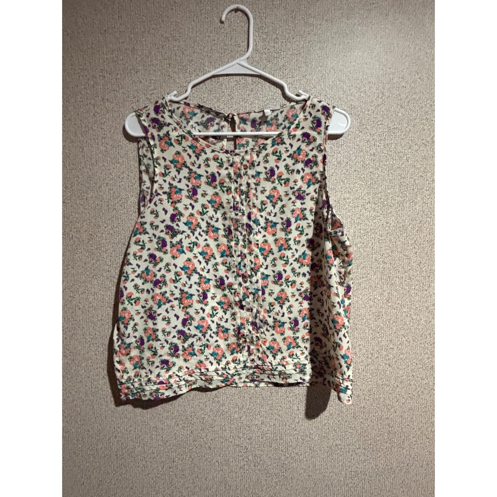 dELiA*s Floral Pleated Sleeveless Blouse Cream Peach Purple Size L